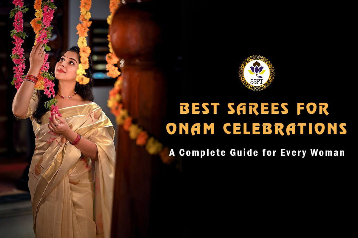 Woman wearing a traditional gold-bordered Kasavu sarees for Onam celebrations