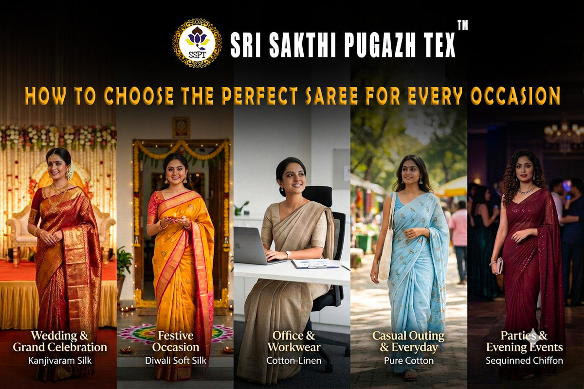Indian woman wearing a colorful silk saree for a festive occasion - Sri Sakthi Pugazh Tex