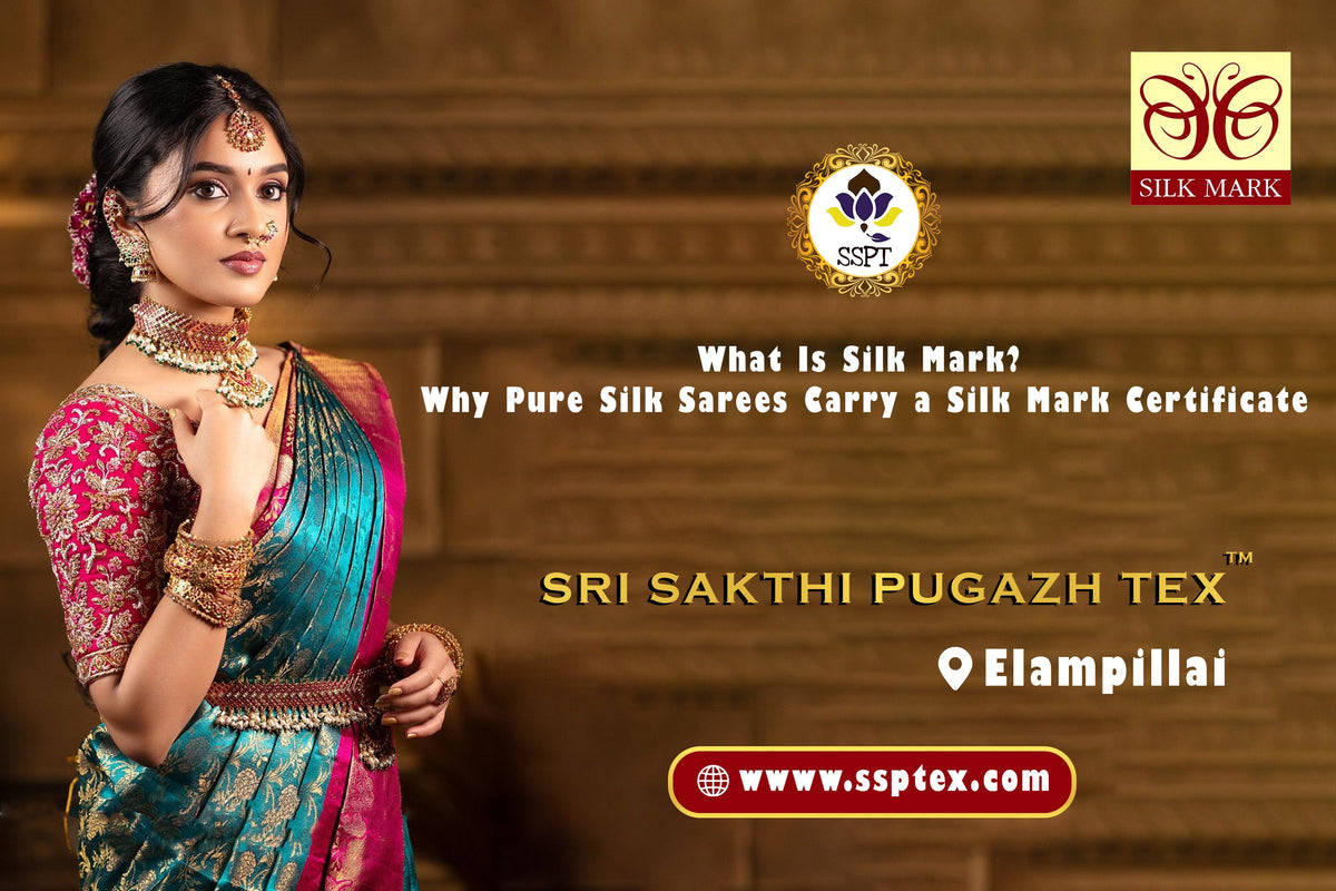 Woman holding a pure silk saree with a Silk Mark label and hologram tag attached