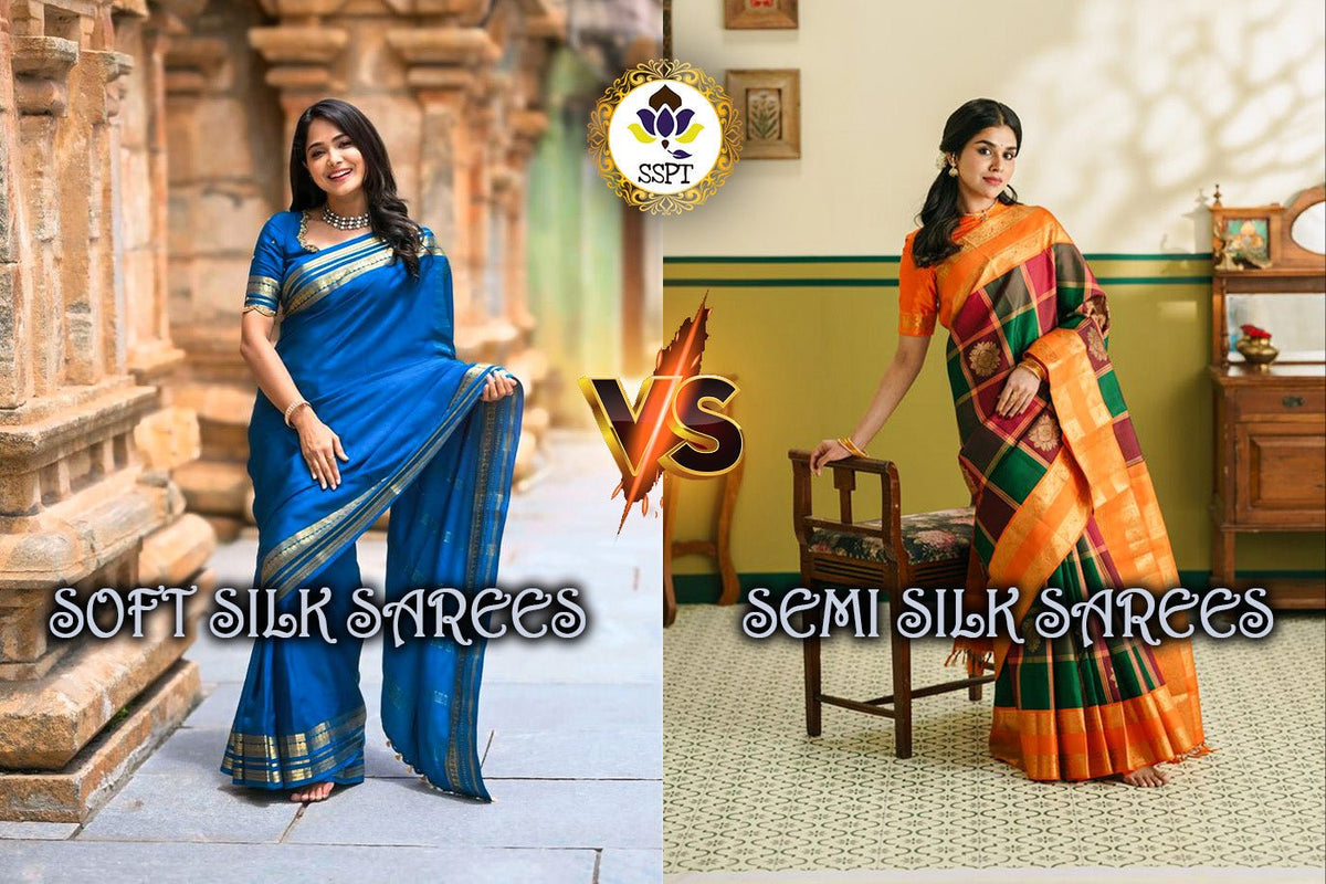 Soft silk and semi silk sarees displayed together by Sri Sakthi Pugazh Tex