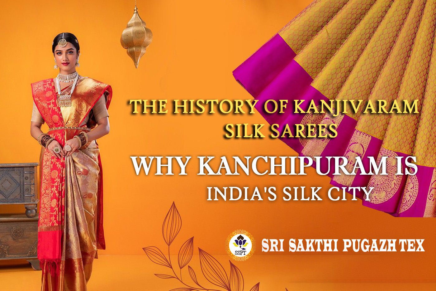 Woman draped in a traditional red and gold Kanjivaram silk sarees with temple border design