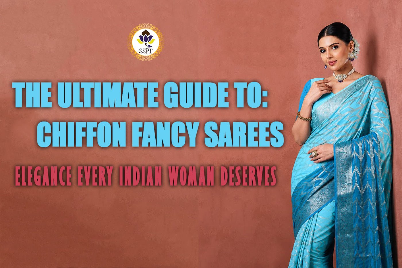 Woman wearing an elegant chiffon fancy sarees from Sri Sakthi Pugazh Tex