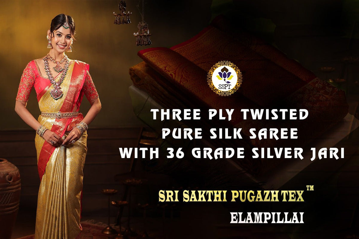 Woman draped in a pure silk saree with three ply twisted silver jari border from Sri Sakthi Pugazh Tex