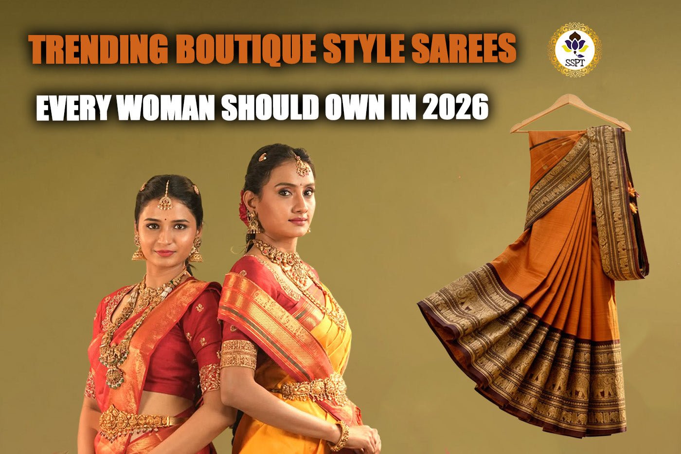 Woman wearing trending boutique style sarees from Sri Sakthi Pugazh Tex