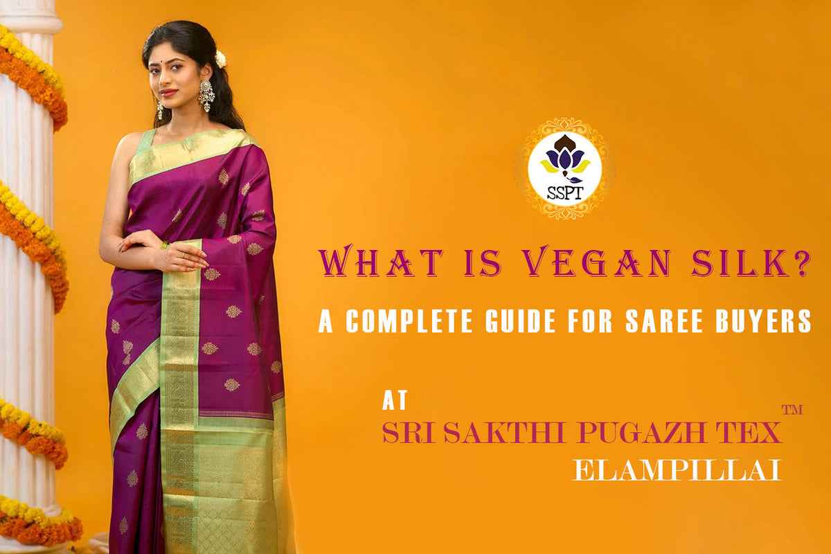 Woman draped in an elegant vegan silk saree from Sri Sakthi Pugazh Tex