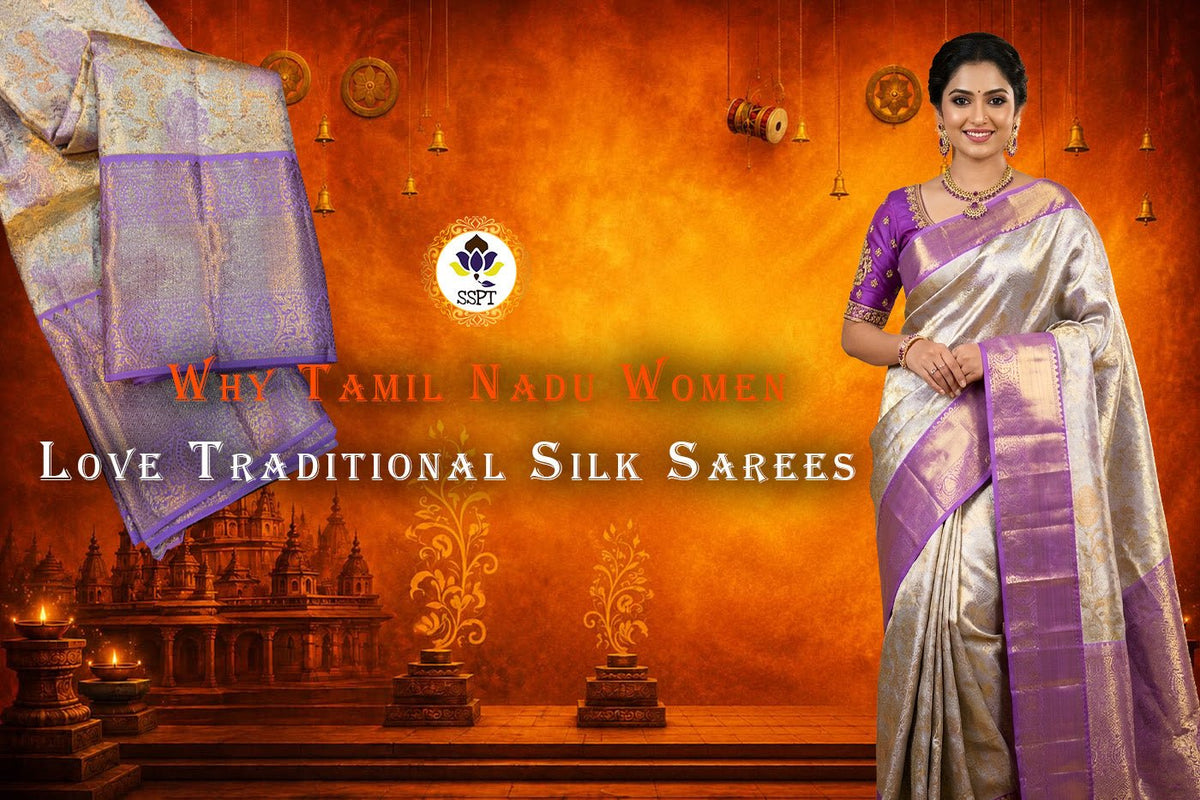 Tamil Nadu woman wearing a traditional silk sarees from Sri Sakthi Pugazh Tex