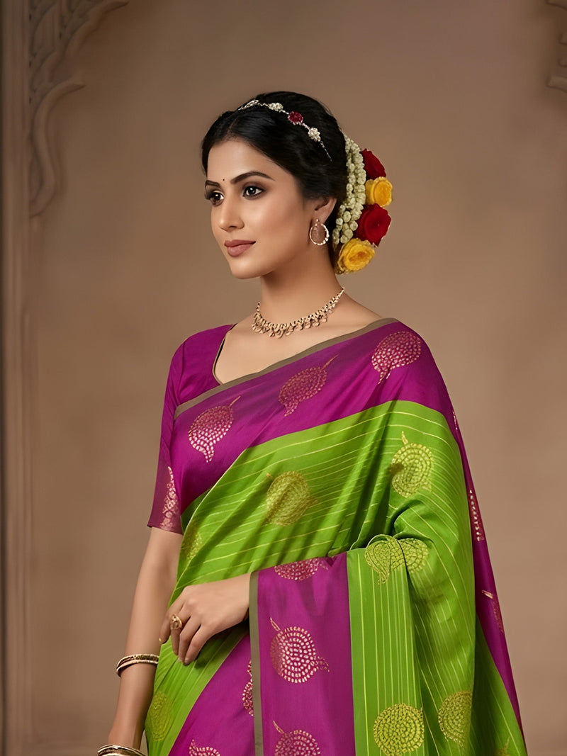 Mehandi Luxury Semi Silk Saree for women with elegant festive and wedding wear design from Sri Sakthi Pugazh Tex Elampillai Salem Tamil Nadu