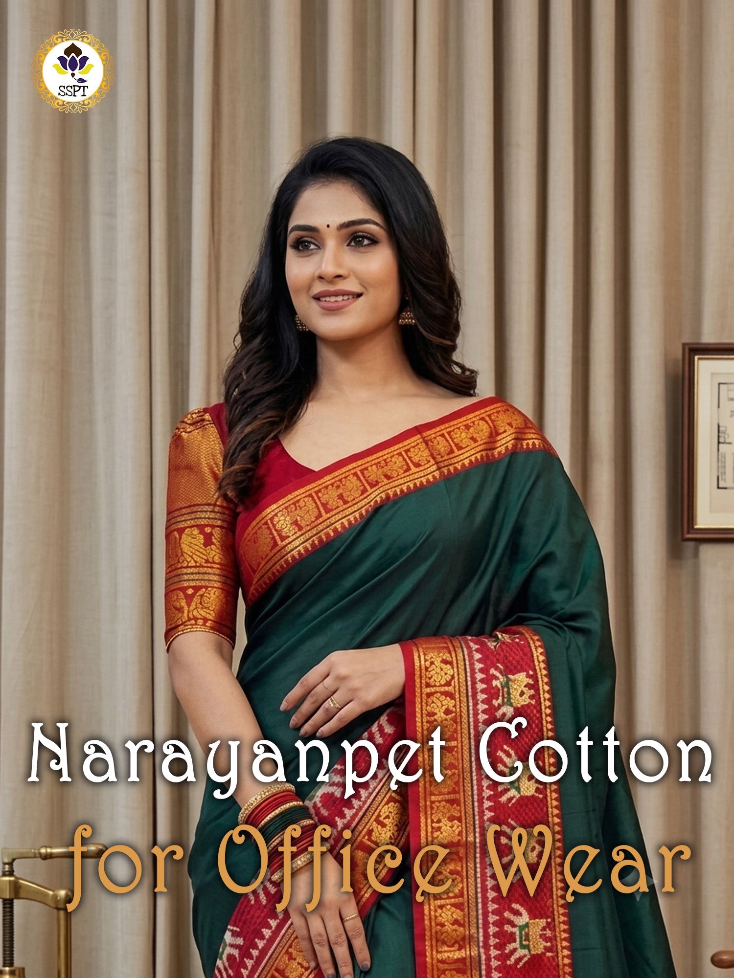 Narayanpet Cotton Saree with traditional contrast border and soft lightweight cotton fabric.