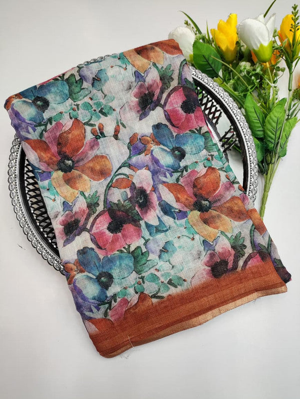 Premium Linen Printed Saree (S) LN86