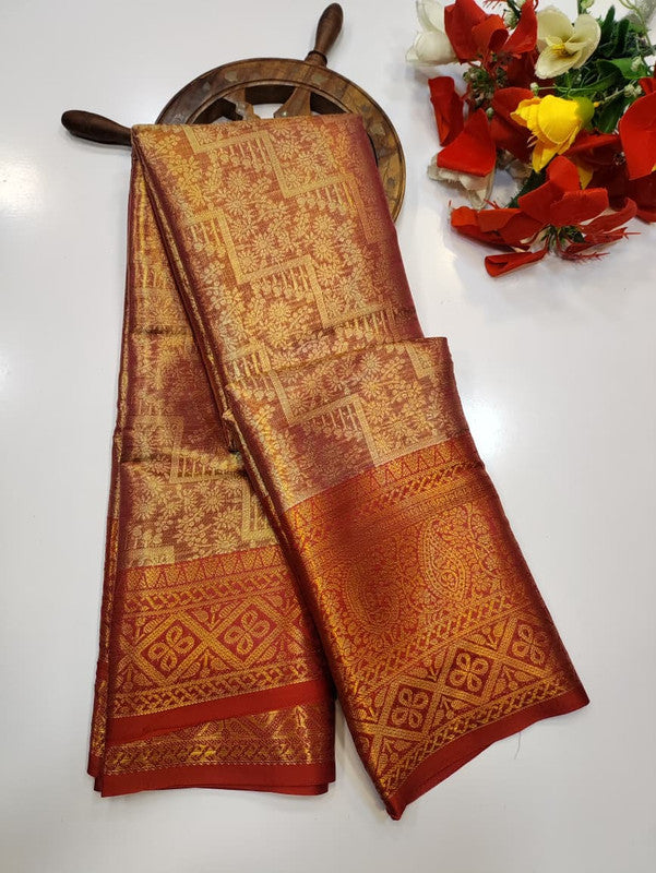 One gram tissue saree with elegant shine and traditional design, front image.