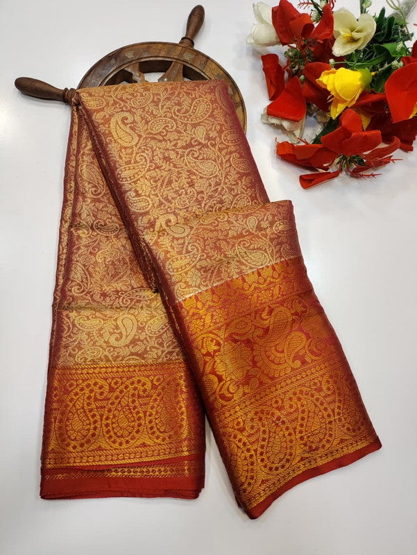 One gram tissue saree with elegant shine and traditional design, front image.
