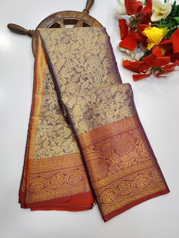 One gram tissue saree with elegant shine and traditional design, front image.