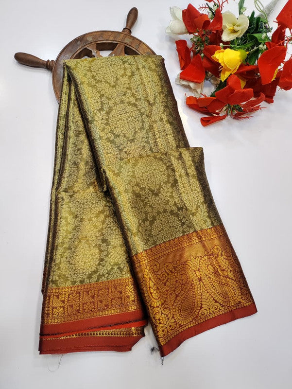 One gram tissue saree with elegant shine and traditional design, front image.