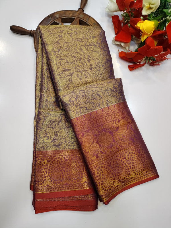 One gram tissue saree with elegant shine and traditional design, front image.
