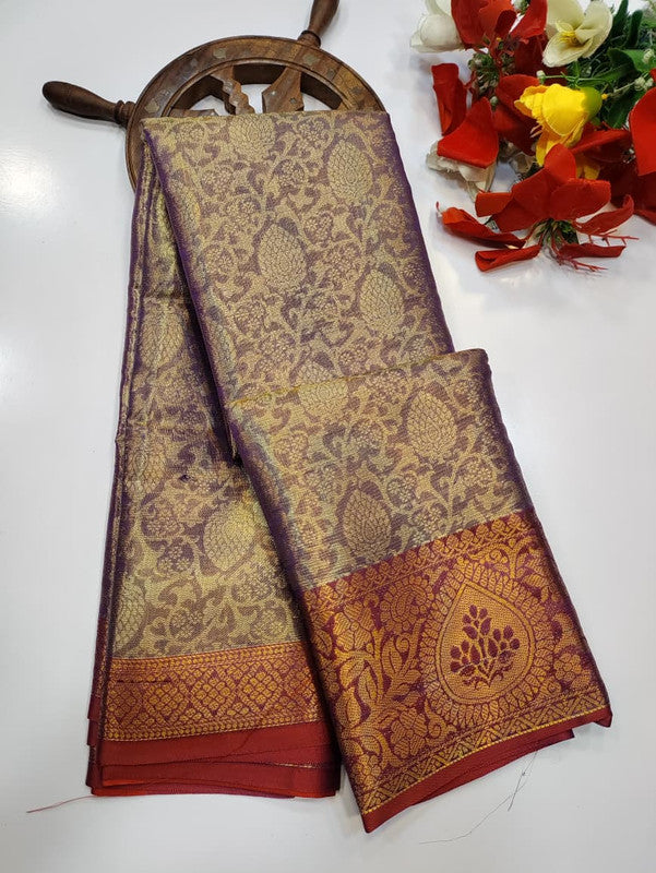 One gram tissue saree with elegant shine and traditional design, front image.