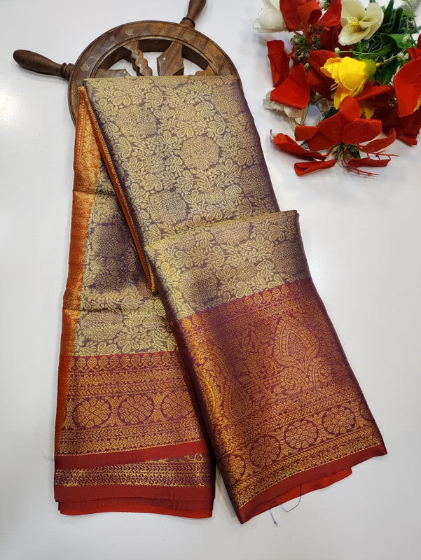 One gram tissue saree with elegant shine and traditional design, front image.