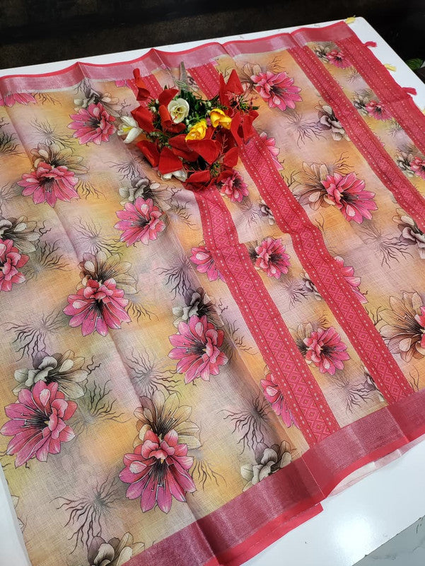 Bhiwandi Linen Saree for women in soft premium linen fabric with elegant traditional weaving suitable for office wear and festive occasions. Full Image View