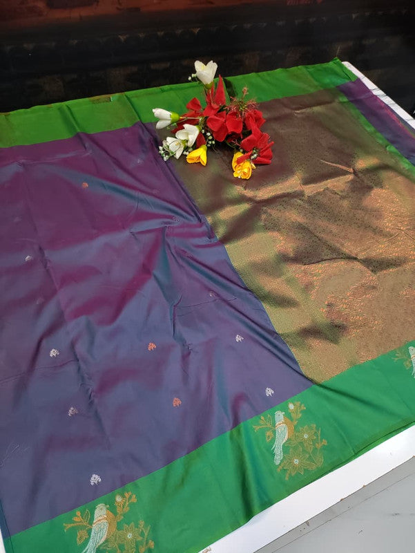 Poovizhi Soft Silk Saree with zari bird design for festival wear