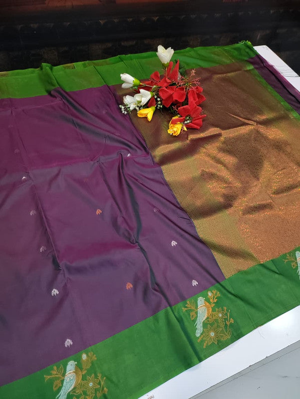 Poovizhi Soft Silk Saree with zari bird design for festival wear