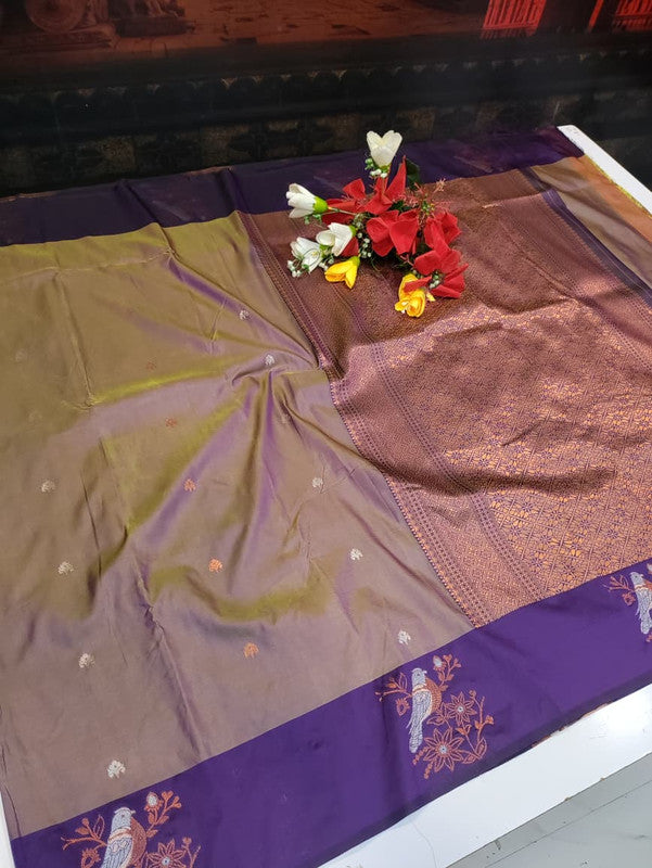 Poovizhi Soft Silk Saree with zari bird design for festival wear