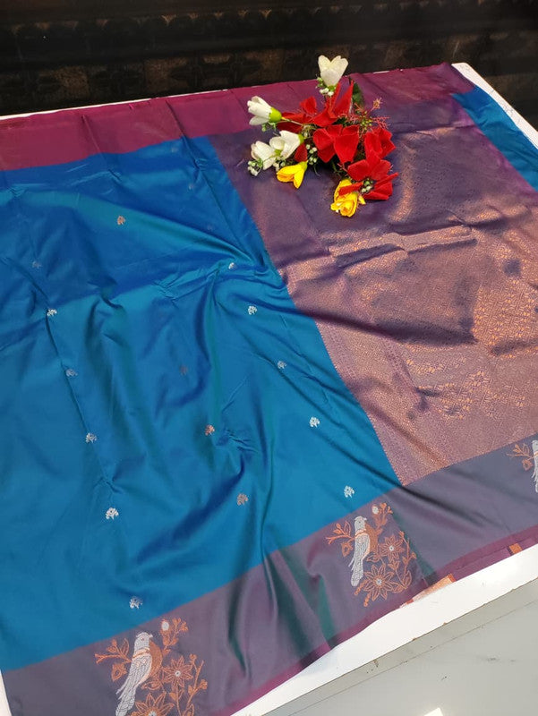 Poovizhi Soft Silk Saree with zari bird design for festival wear