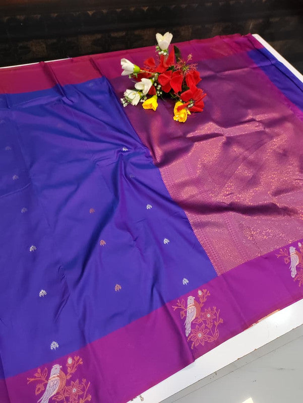 Poovizhi Soft Silk Saree with zari bird design for festival wear