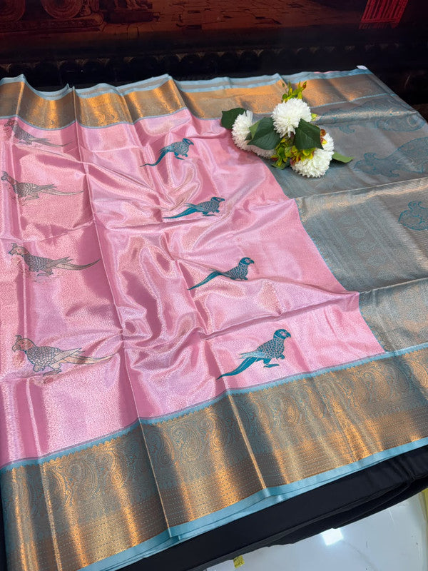 Sneha Inspired Tissue Saree with Zari Parrot Design for Wedding Wear