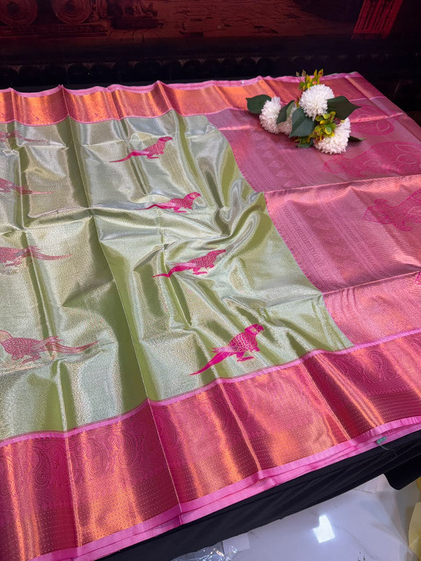 Sneha Inspired Tissue Saree with Zari Parrot Design for Wedding Wear
