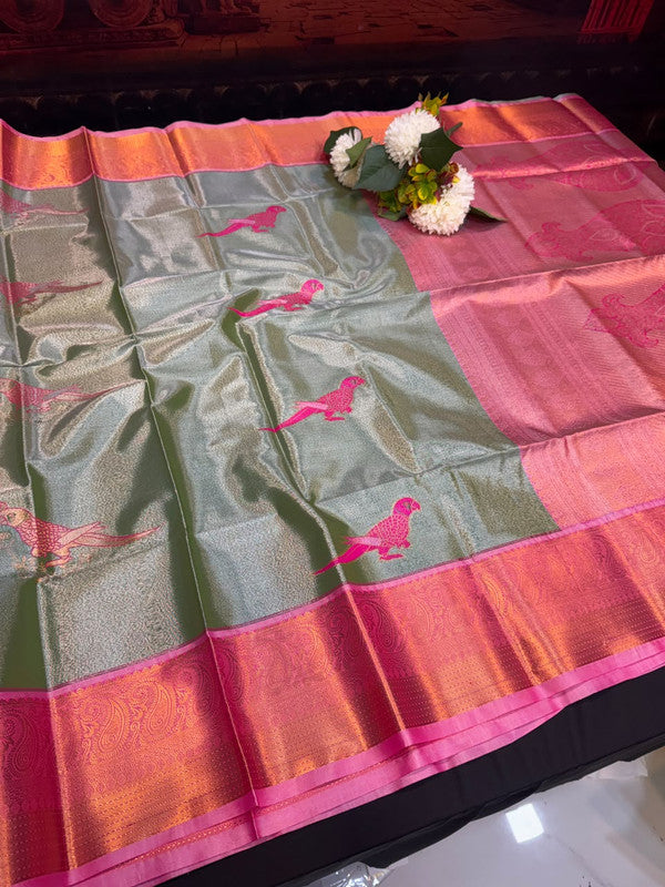 Sneha Inspired Tissue Saree with Zari Parrot Design for Wedding Wear