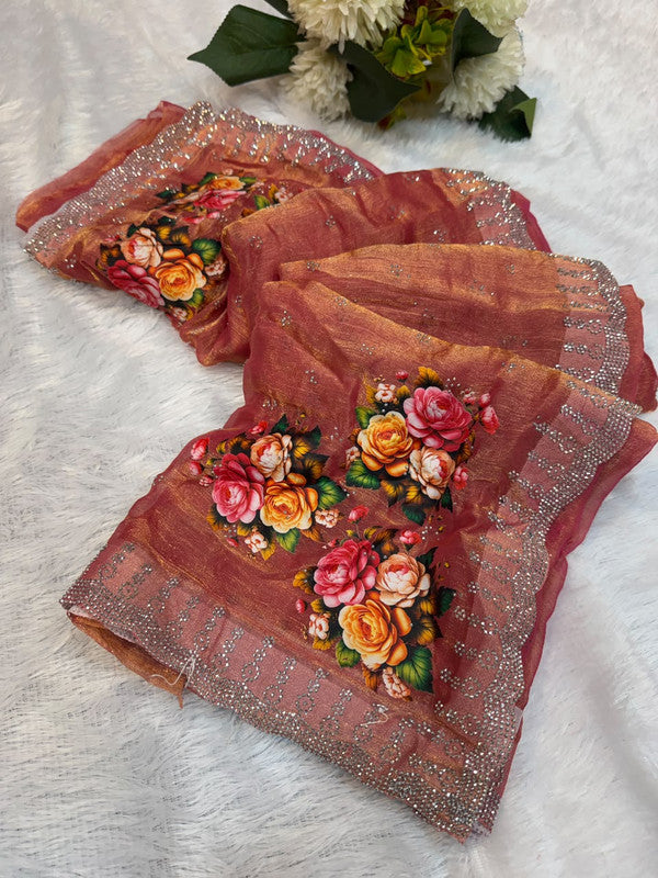 Butter Digital Space Silk Saree with stone work