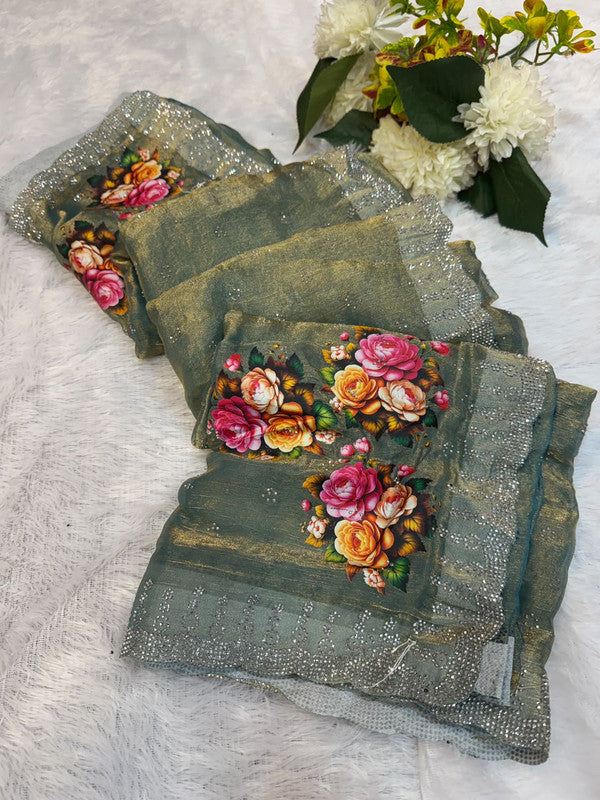 Butter Digital Space Silk Saree with stone work