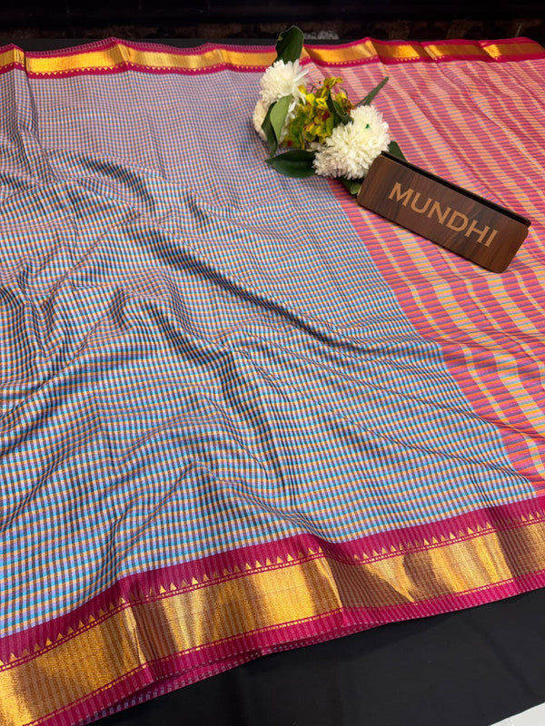 Mini Checked Silk Saree with Zari Work