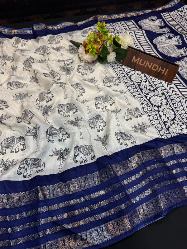 White Berry Fancy Saree with zari and print work for women