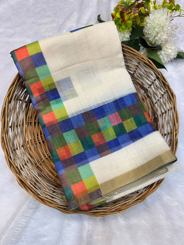 Madras  White Checks Fancy Cotton Saree | MCC33