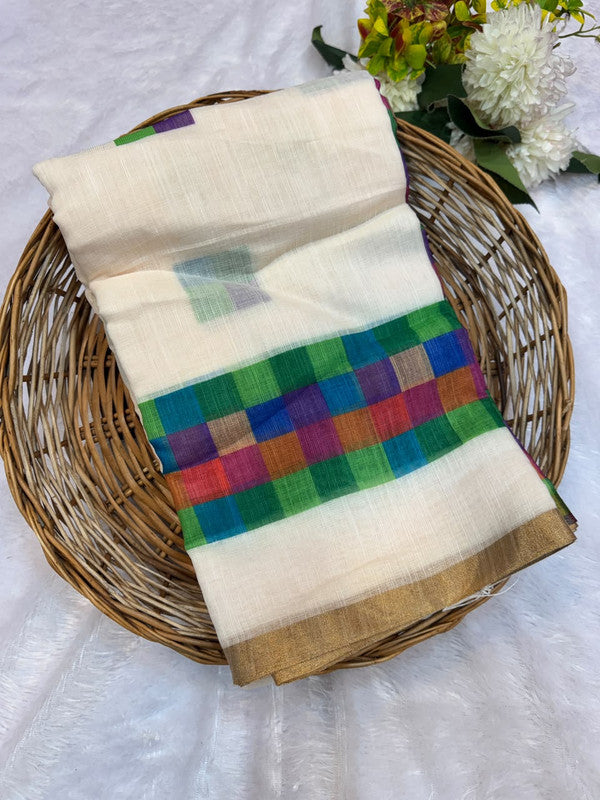 Madras  White Checks Fancy Cotton Saree | MCC36