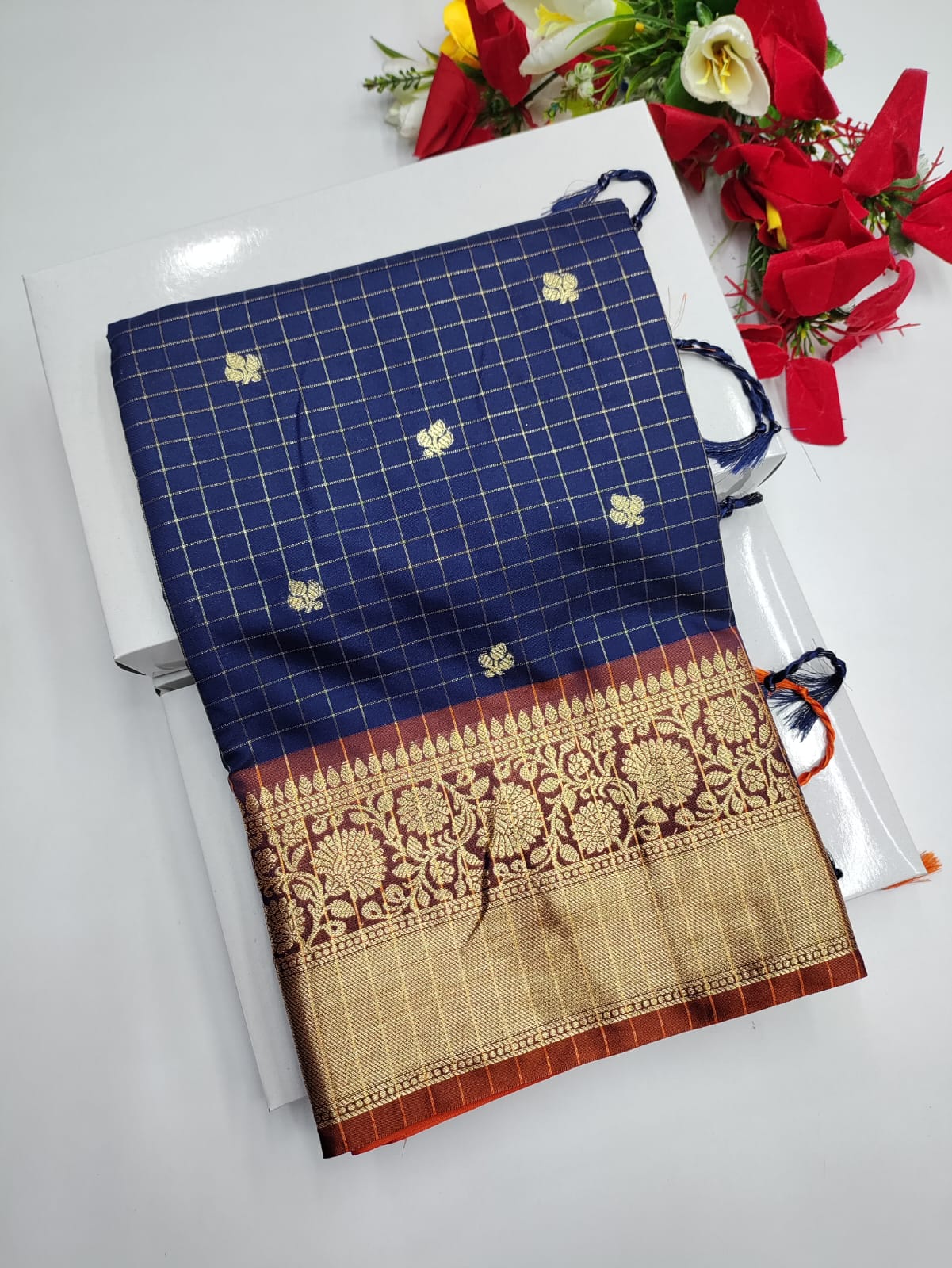 Rust Blue Checked Saree RGG02