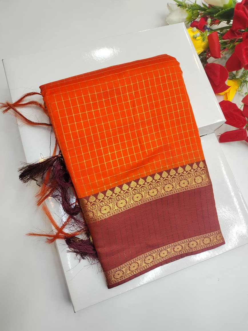 Rust Orange Checked Saree RG26