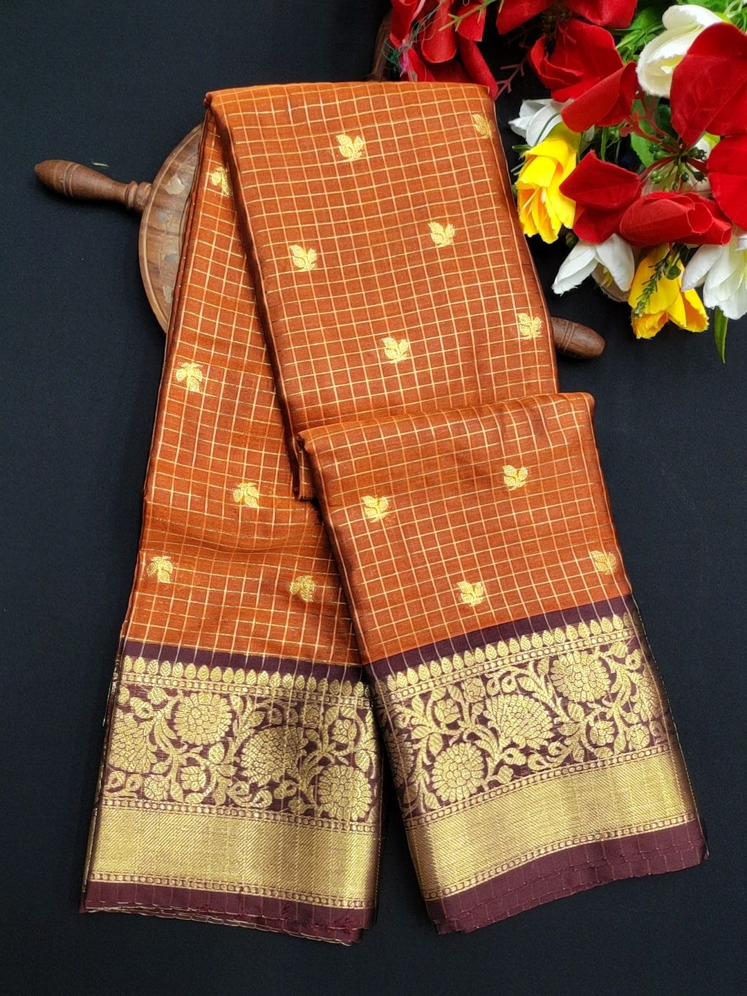 Rust Orange Checked Saree RGG07