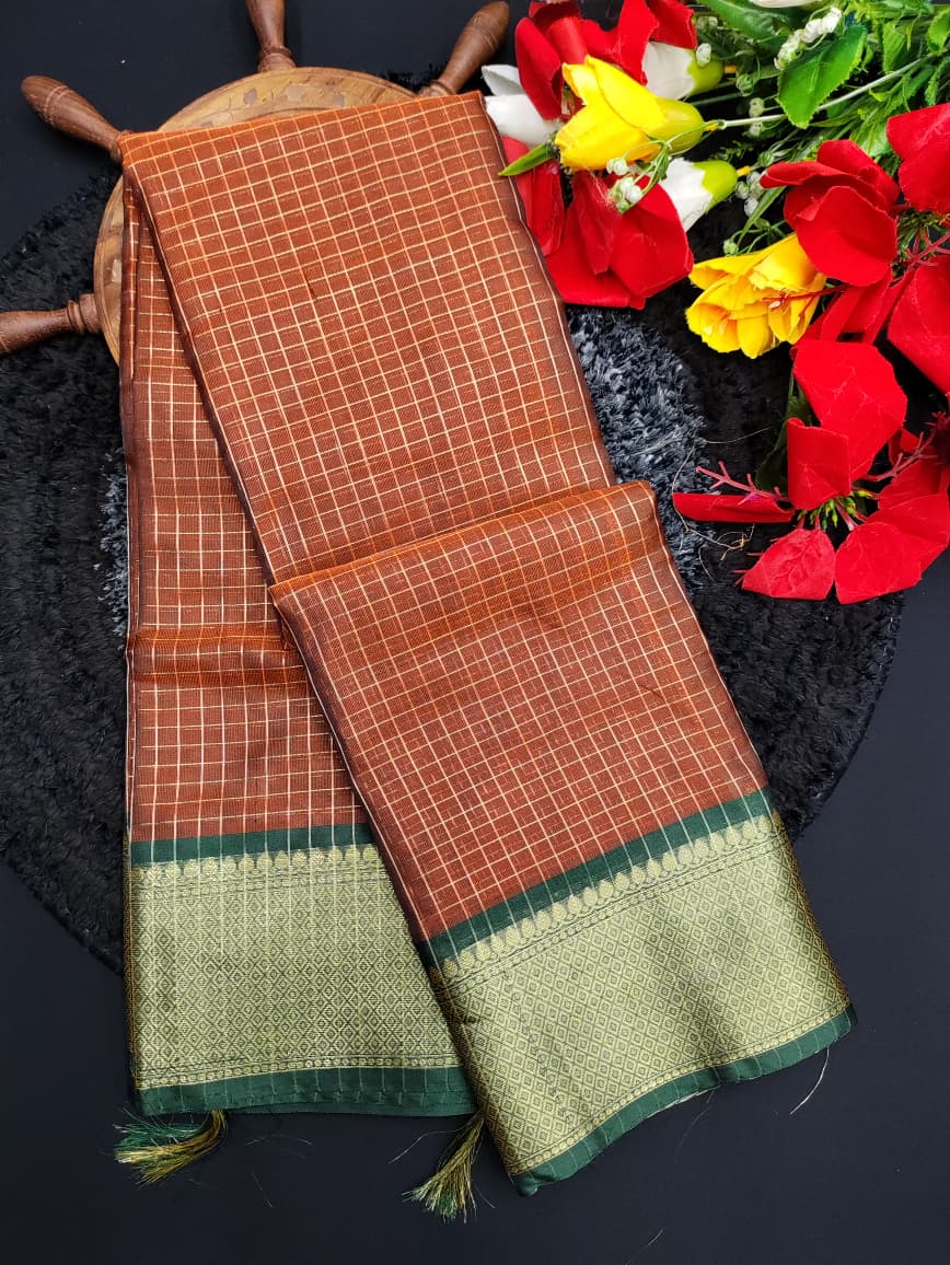 Rust Orange Checked Saree RG42