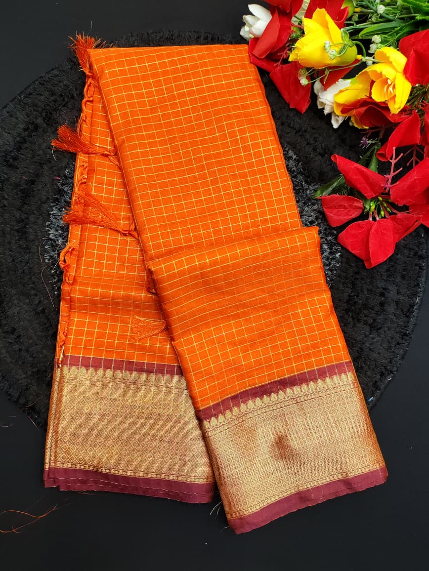 Rust Orange Checked Saree RG51