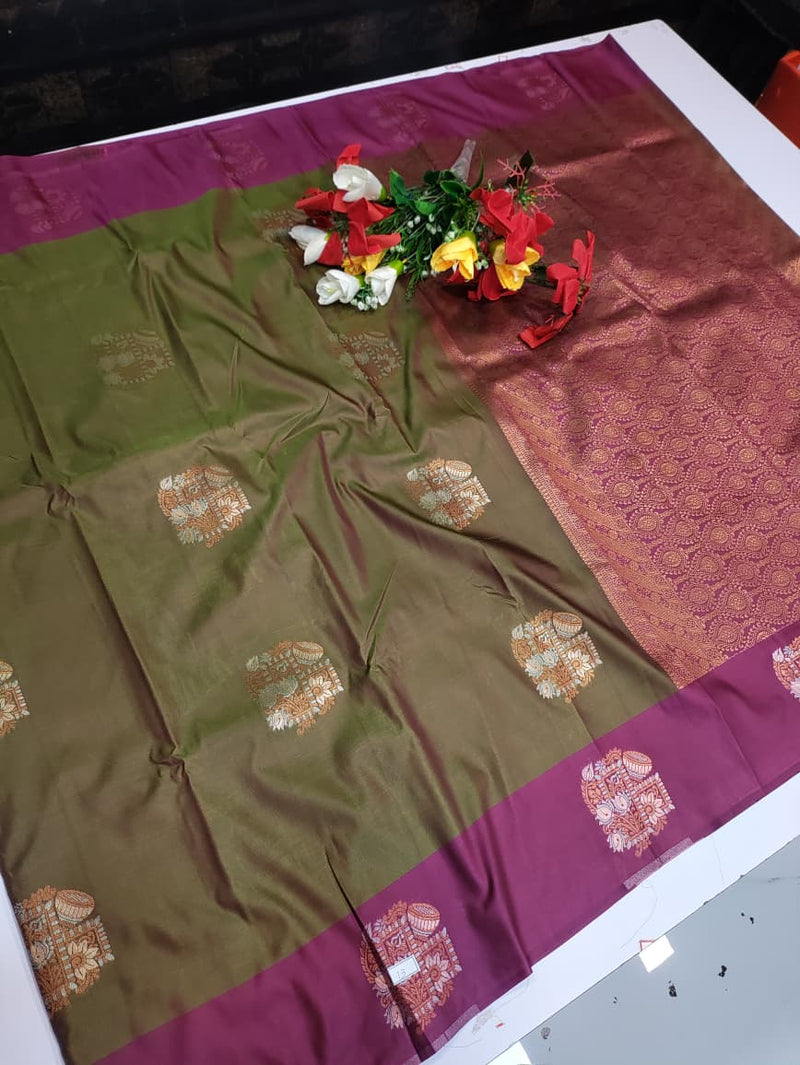 Dhaniya Soft Silk Collection saree with elegant traditional soft silk design for wedding and festive wear from Sri Sakthi Pugazh Tex Salem Tamil Nadu