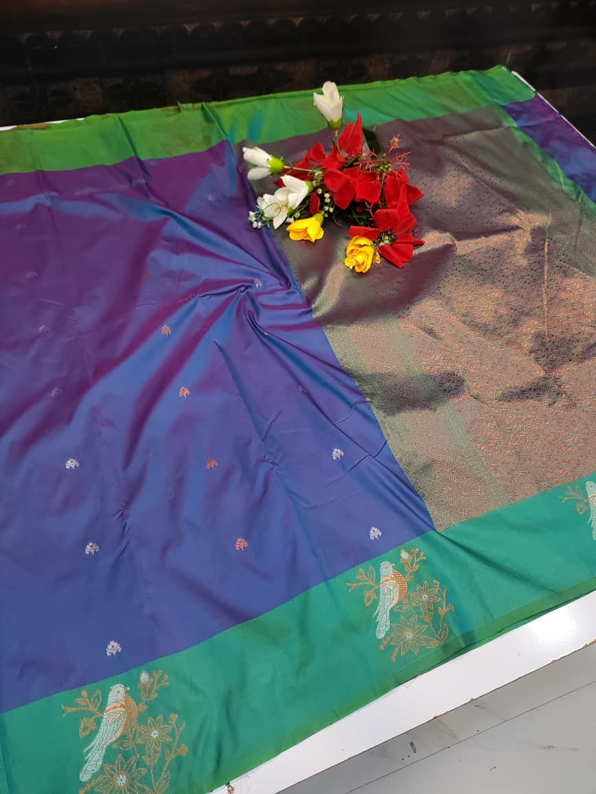 Poovizhi Soft Silk Saree with zari bird design for festival wear