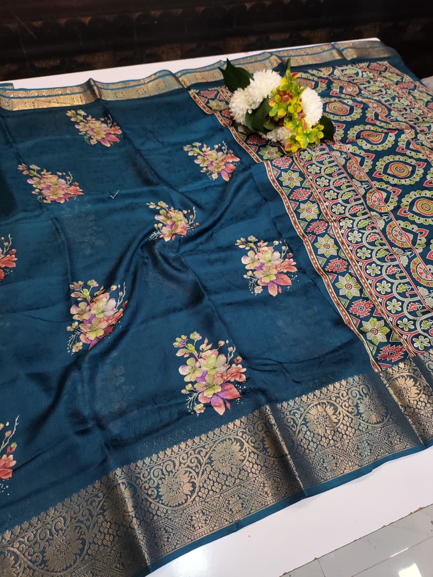 Buy Galaxy Fancy Saree with elegant Zari Dola work and contrast blouse.