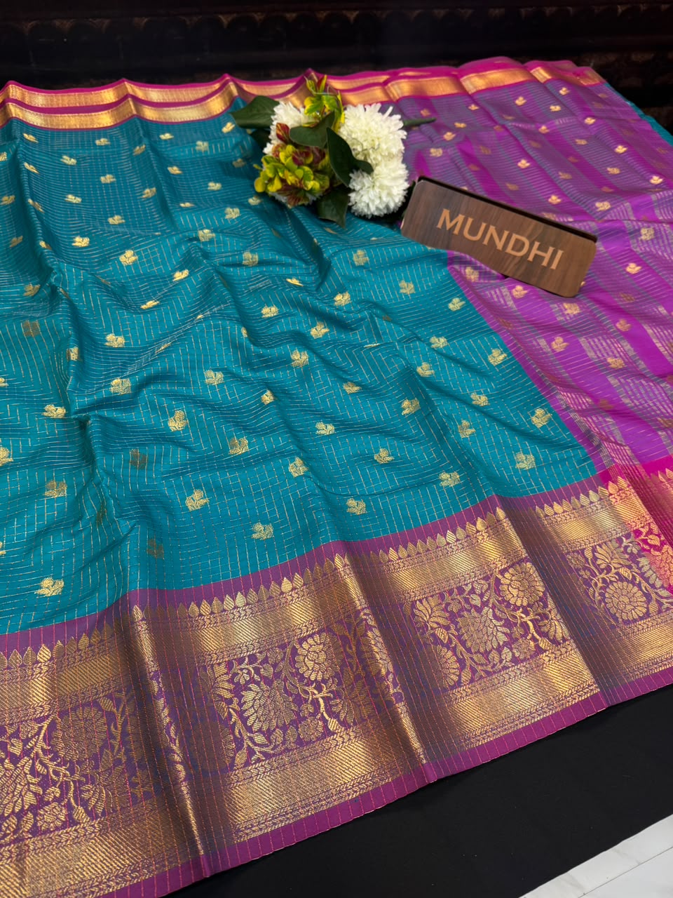 Rust Blue Banarasi Checked Saree with Zari Work for Women| RG63