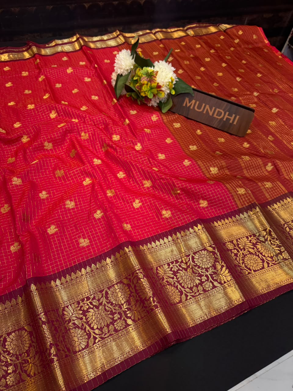Rust Dark Pink Banarasi Checked Saree with Zari Work for Women| RG67
