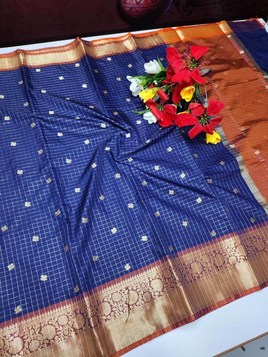 Rust Blue Checked Saree RGG02
