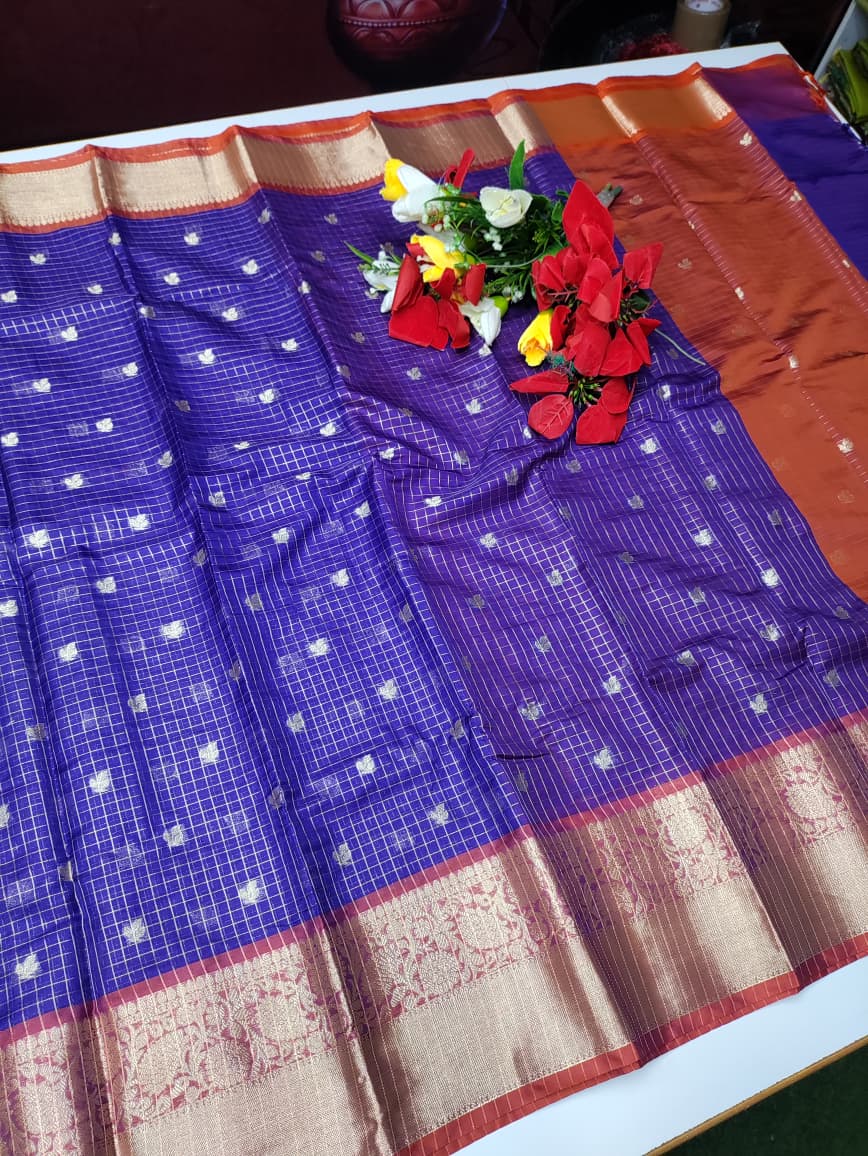 Rust Navy Checked Saree RGG06