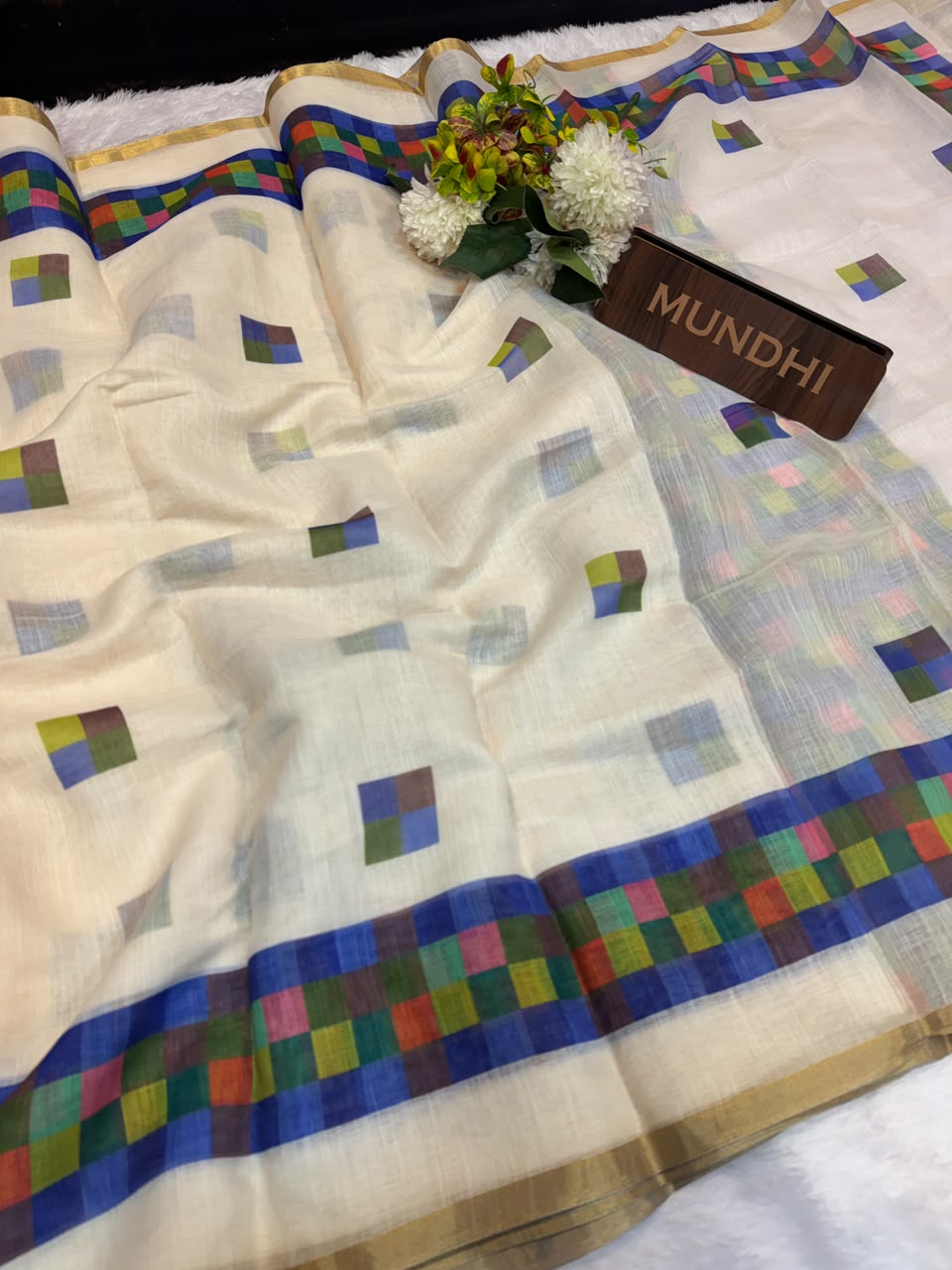 Madras  White Checks Fancy Cotton Saree | MCC33