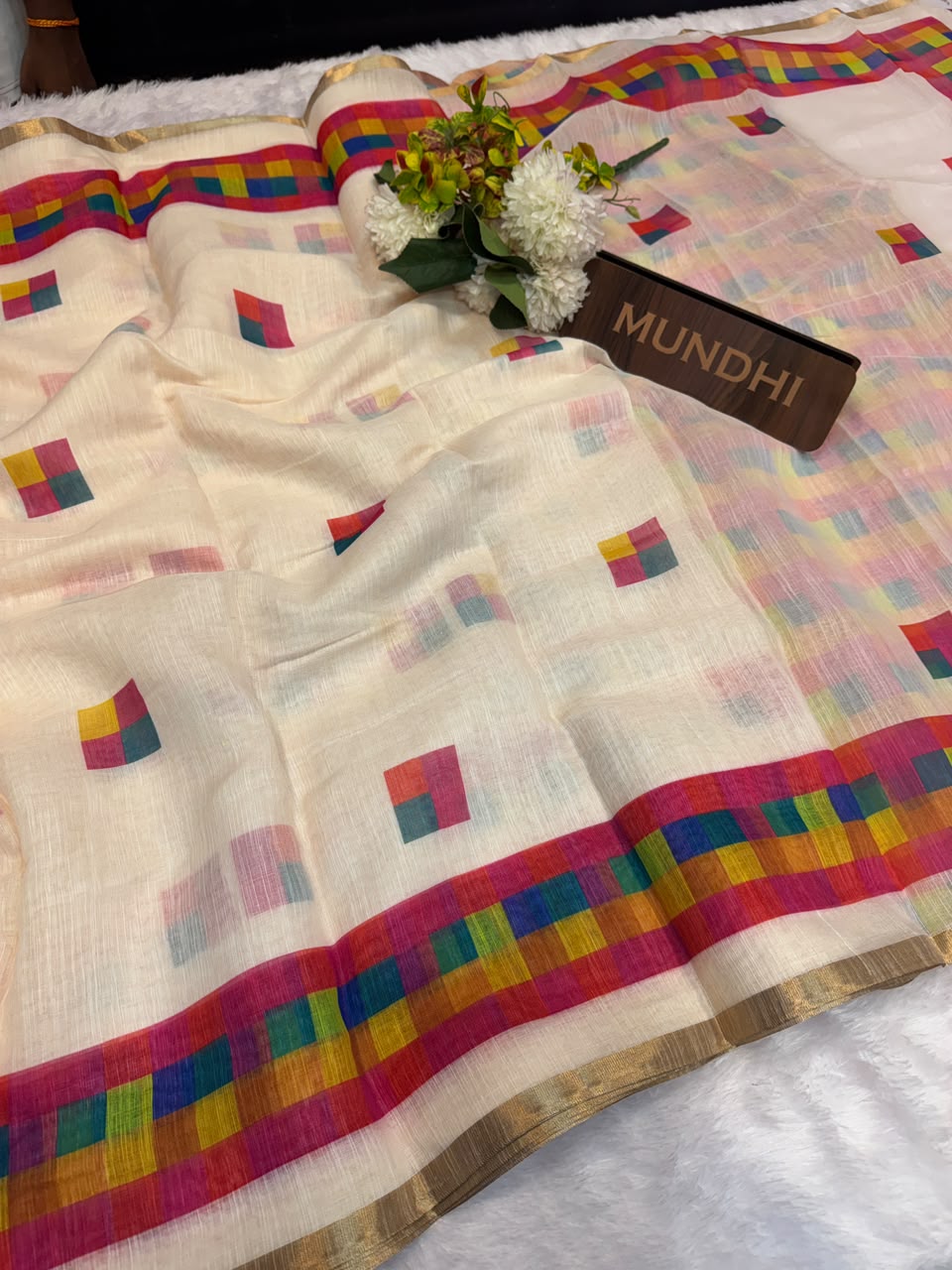 Madras  White Checks Fancy Cotton Saree | MCC34