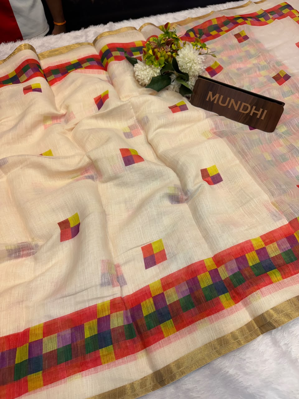 Madras  White Checks Fancy Cotton Saree | MCC35